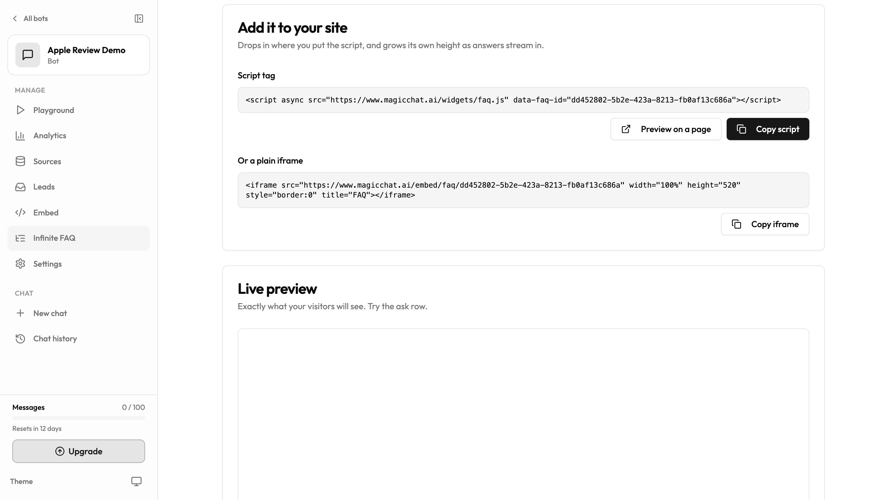 Add it to your site panel with the iframe code and a Copy iframe button.