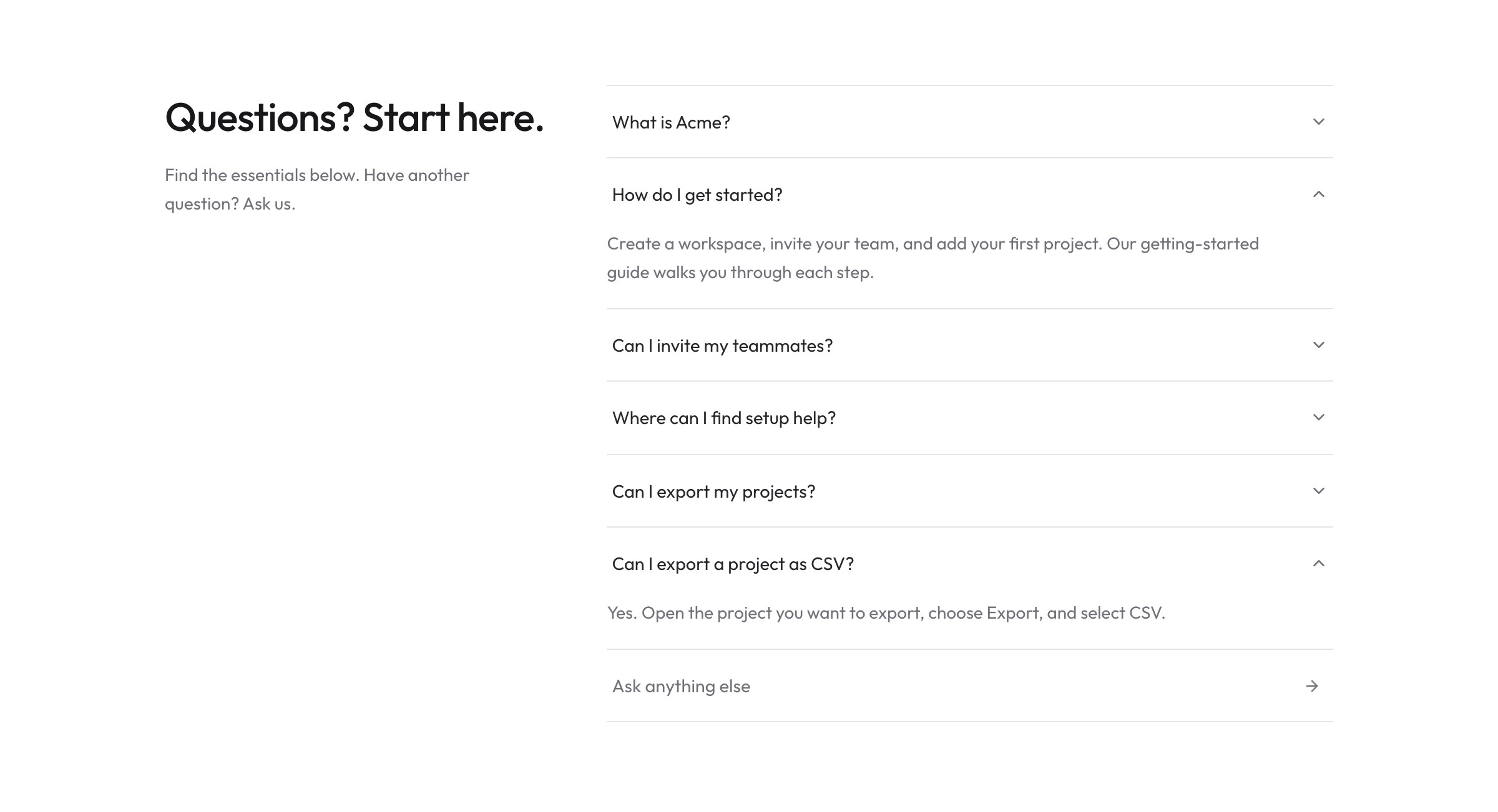 The live Infinite FAQ on a website: an accordion of questions with an expanded visitor-typed question and its AI answer, followed by an Ask anything else input.